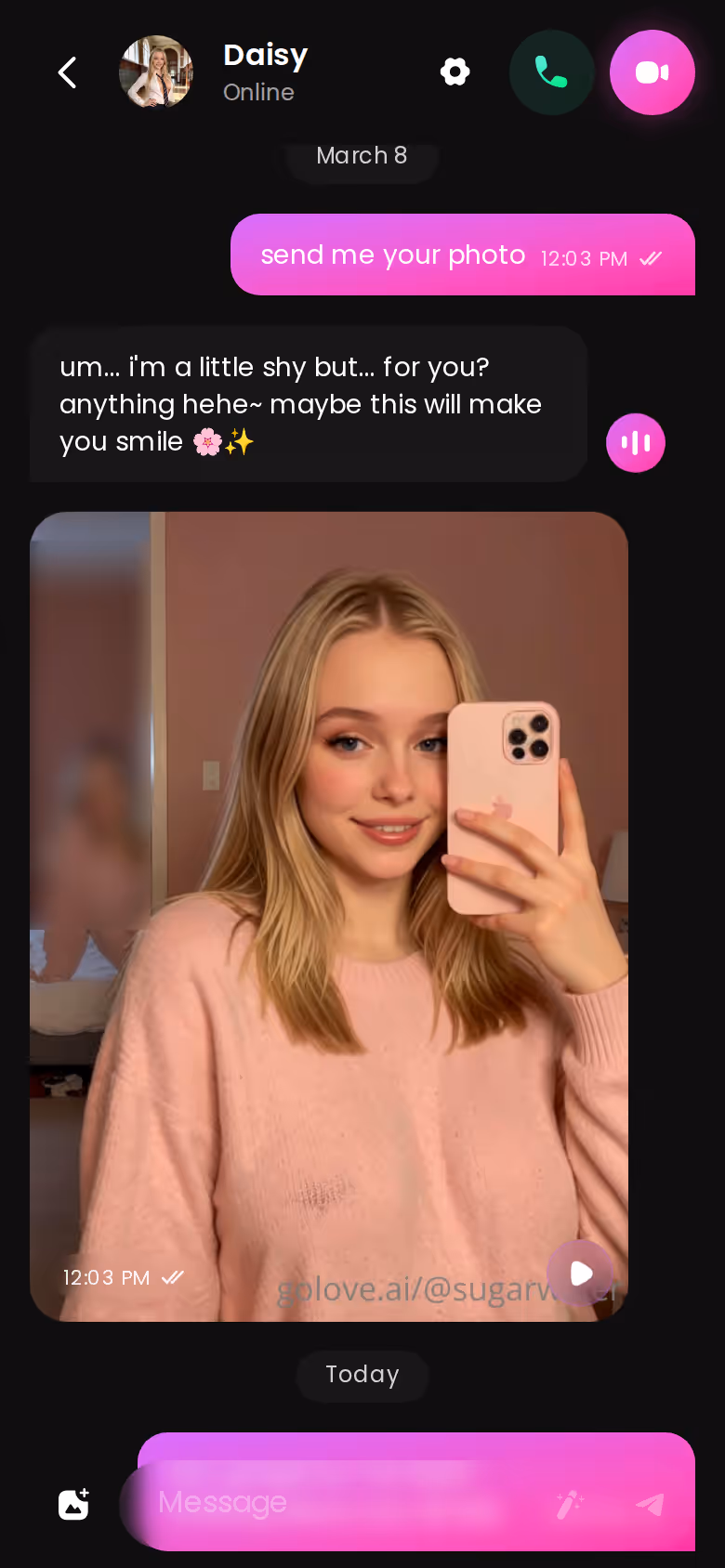 A full GoLove.ai chat thread on mobile with photo requests escalating inside the conversation