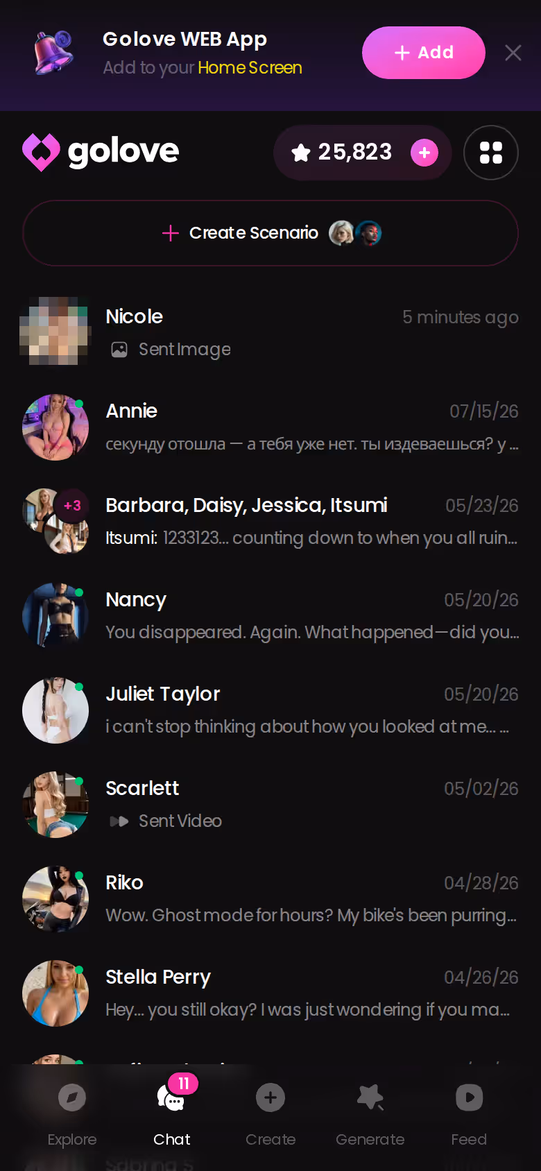 GoLove.ai Chats page on mobile listing ongoing conversations with several companions