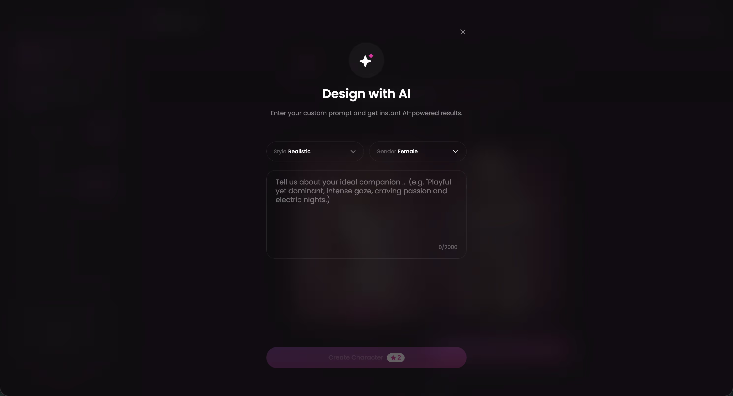 GoLove Design with AI screen where you describe a character in text and the AI generates her
