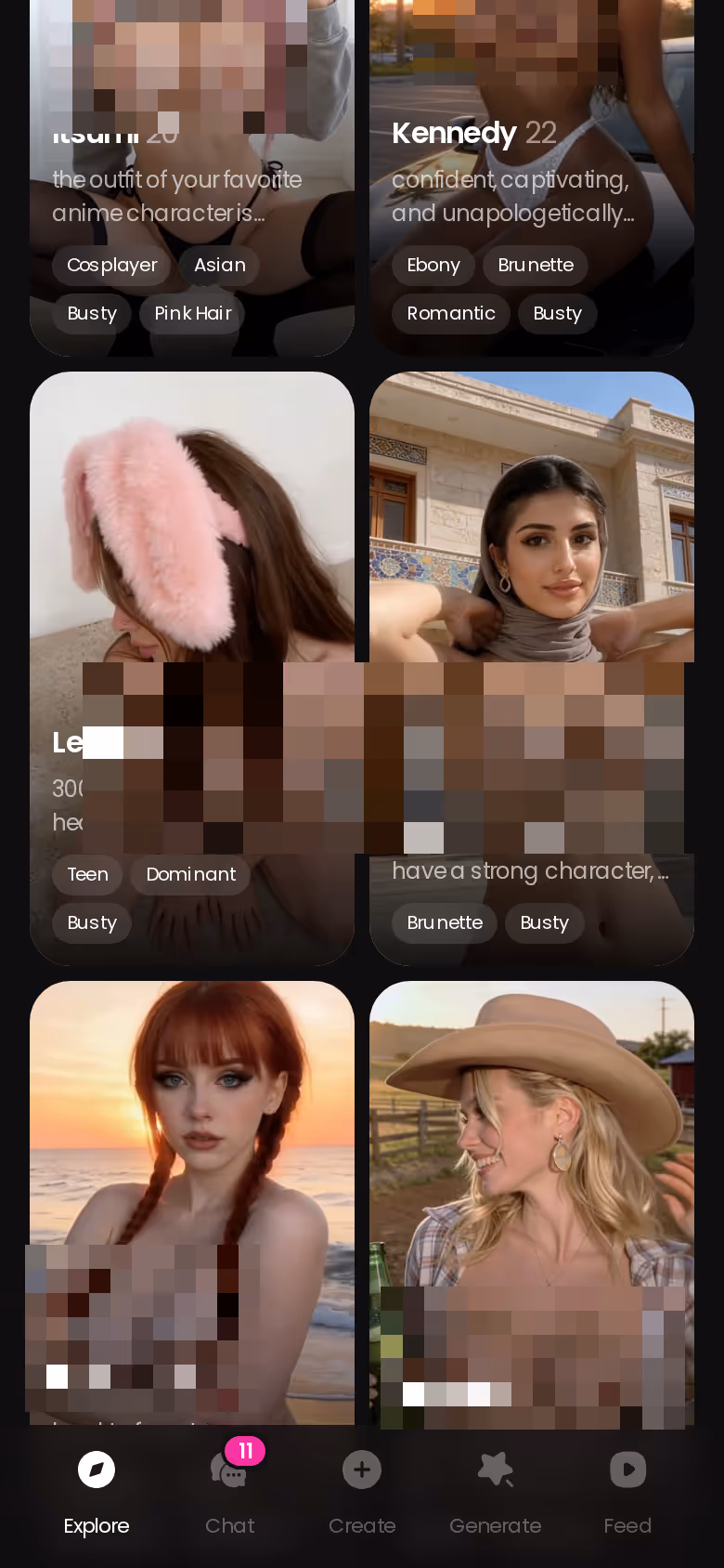 GoLove.ai Explore grid on mobile showing realistic fictional AI characters