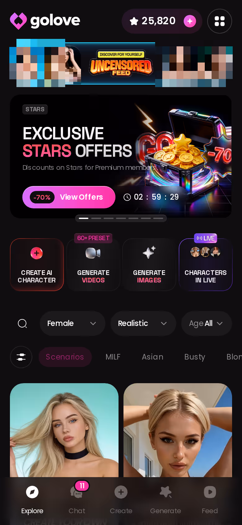 GoLove.ai Explore screen on mobile with realistic AI companions you can chat with and ask for photos