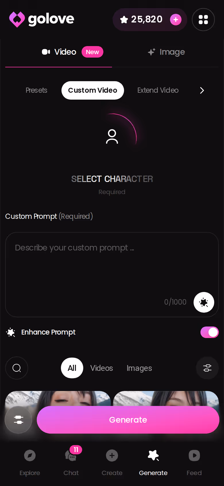 GoLove.ai Custom Video generator on mobile with prompt and settings