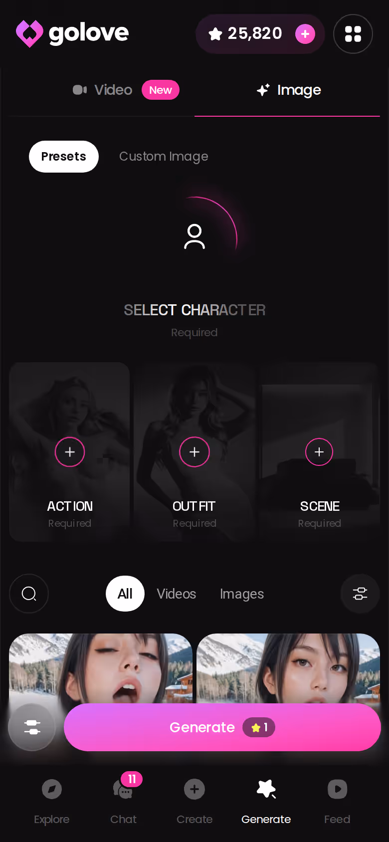 GoLove.ai Generate tab in image mode on mobile with pose, outfit and background presets