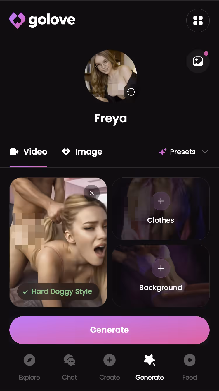 Explicit action preset selected in the GoLove.ai video generator — nsfw ai roleplay app comparison