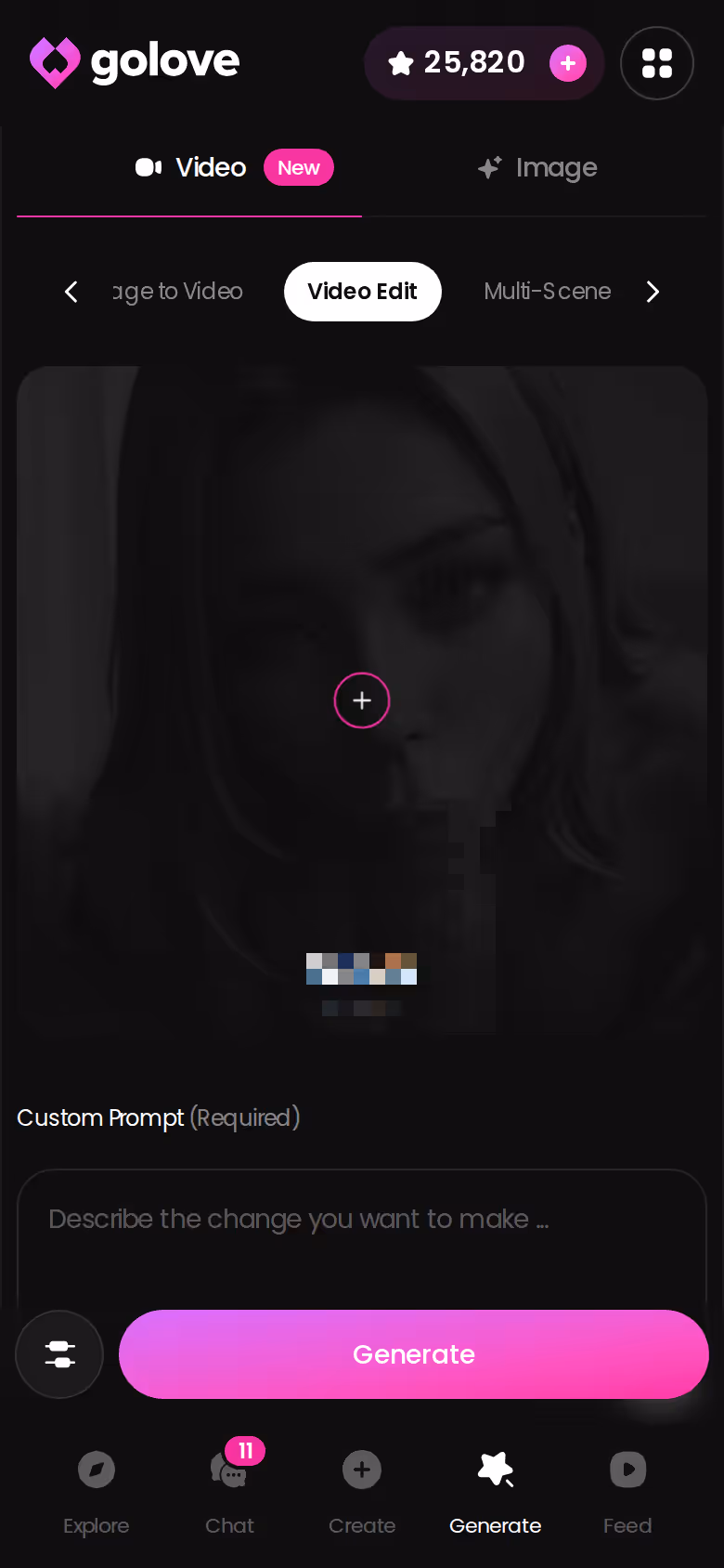 GoLove.ai Video Edit screen on mobile for adjusting an existing generated clip